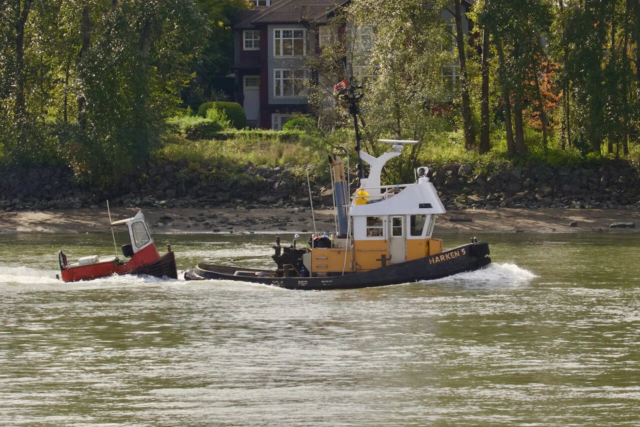 Harken Towing tugboat “HARKEN 5” tows boom boat “3” in Fraser River, October 2021.Click image for lightbox.