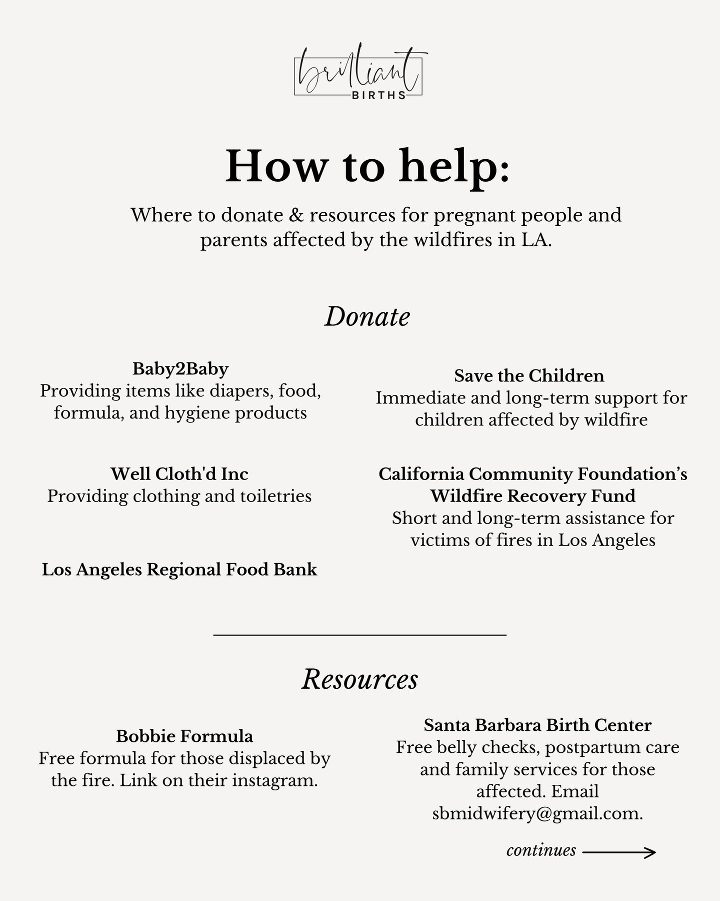 Please donate and share this list to help families in Los Angeles with immediate and longer term recovery from the devastating wildfires that are still burning. 

This list is geared towards donations and resources that will impact those pregnant and