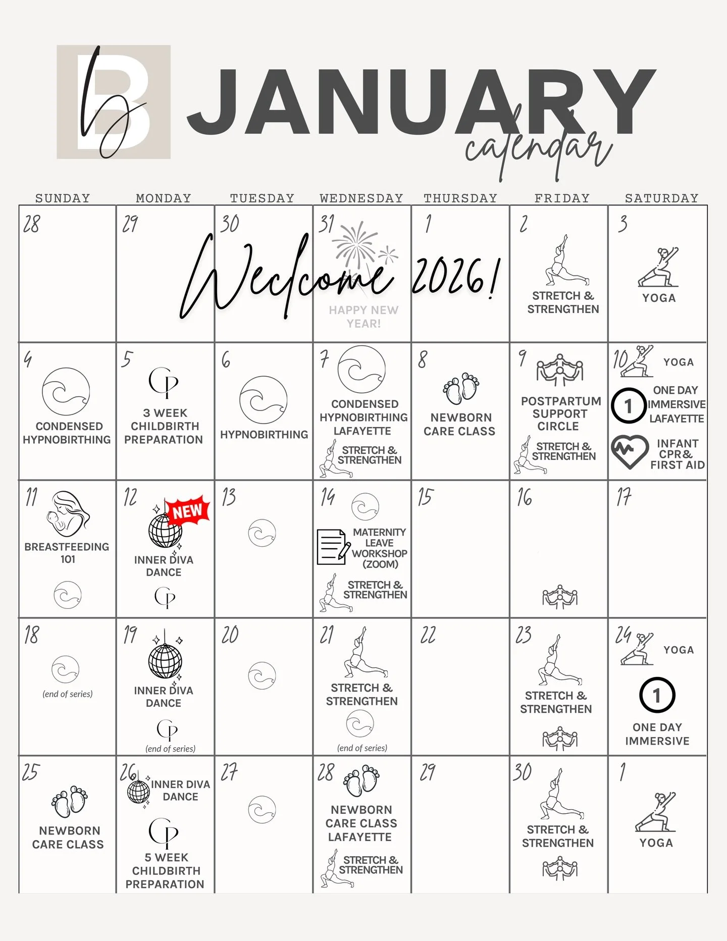 January Sneak Peek 👀 

Excited about our fitness offerings coming up in 2026! We&rsquo;ll be adding more throughout the year. Get our $69 Welcome Package for discounted fitness classes!

Also join us for HypnoBirthing, Childbirth Prep, and more birt