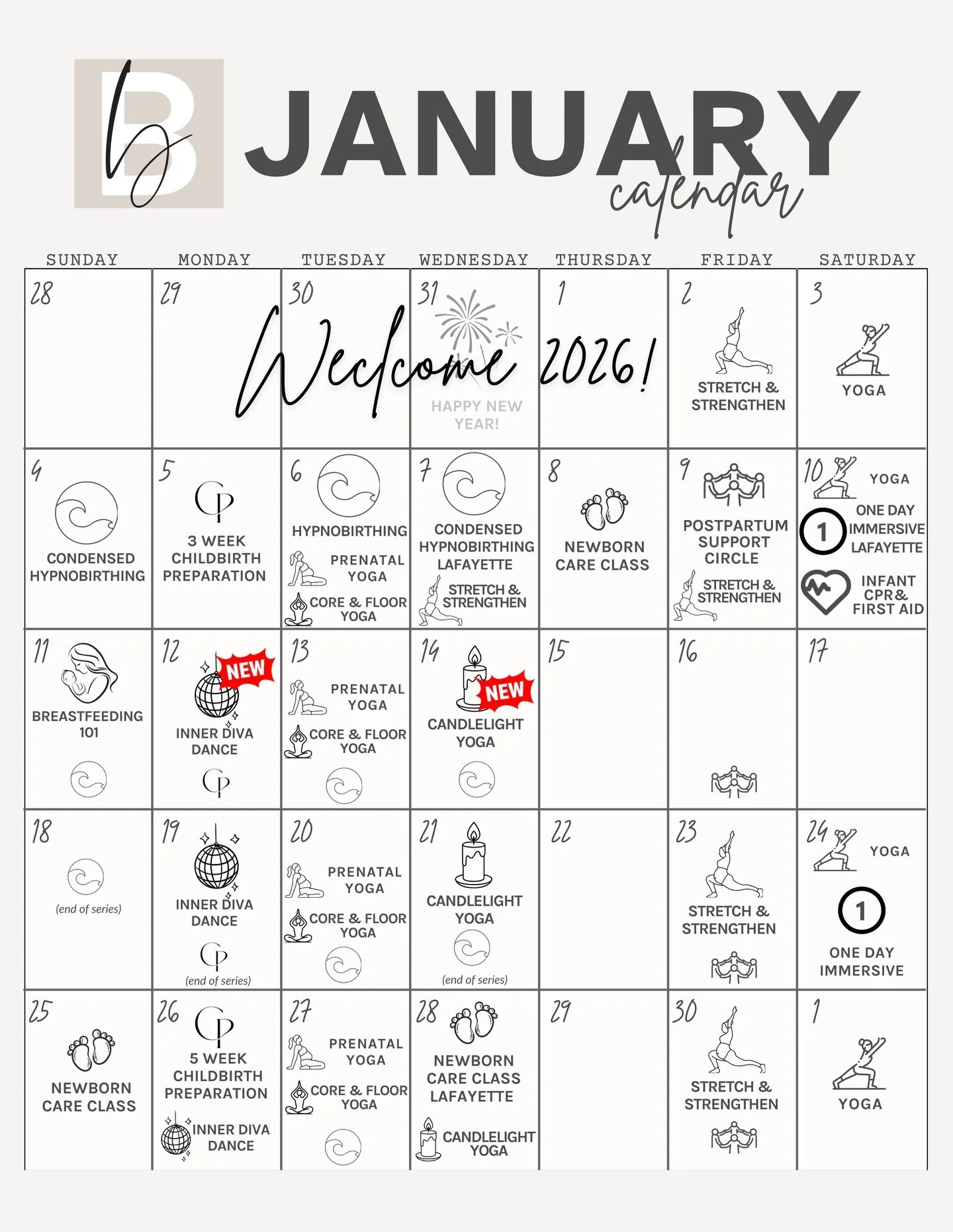 🎆 It&rsquo;s a new year and we have new classes! Join us for  birth education, parenting workshops, fitness, massages, and more. 

Happy 2026! 

#pregnancy #postpartum #wellness #doula #pelvicfloor