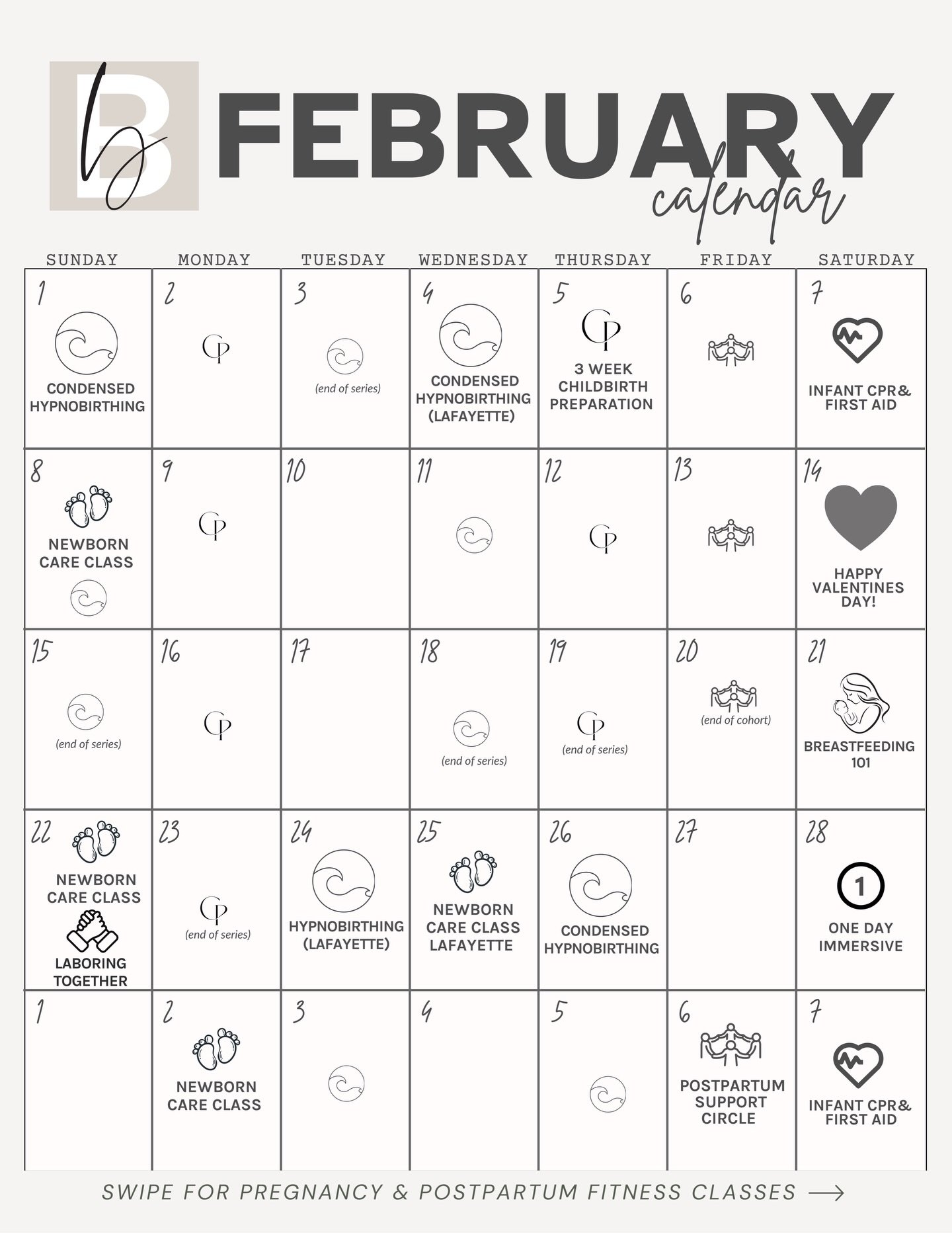 💘February! Get right to the heart of parenthood with confidence and joy. 

One Day Immersive, Hypnobirthing, Newbon Care Class, and more all happening this month! 

The next cohort of our therapist led Postpartum Support Group starts March 6th, it&r