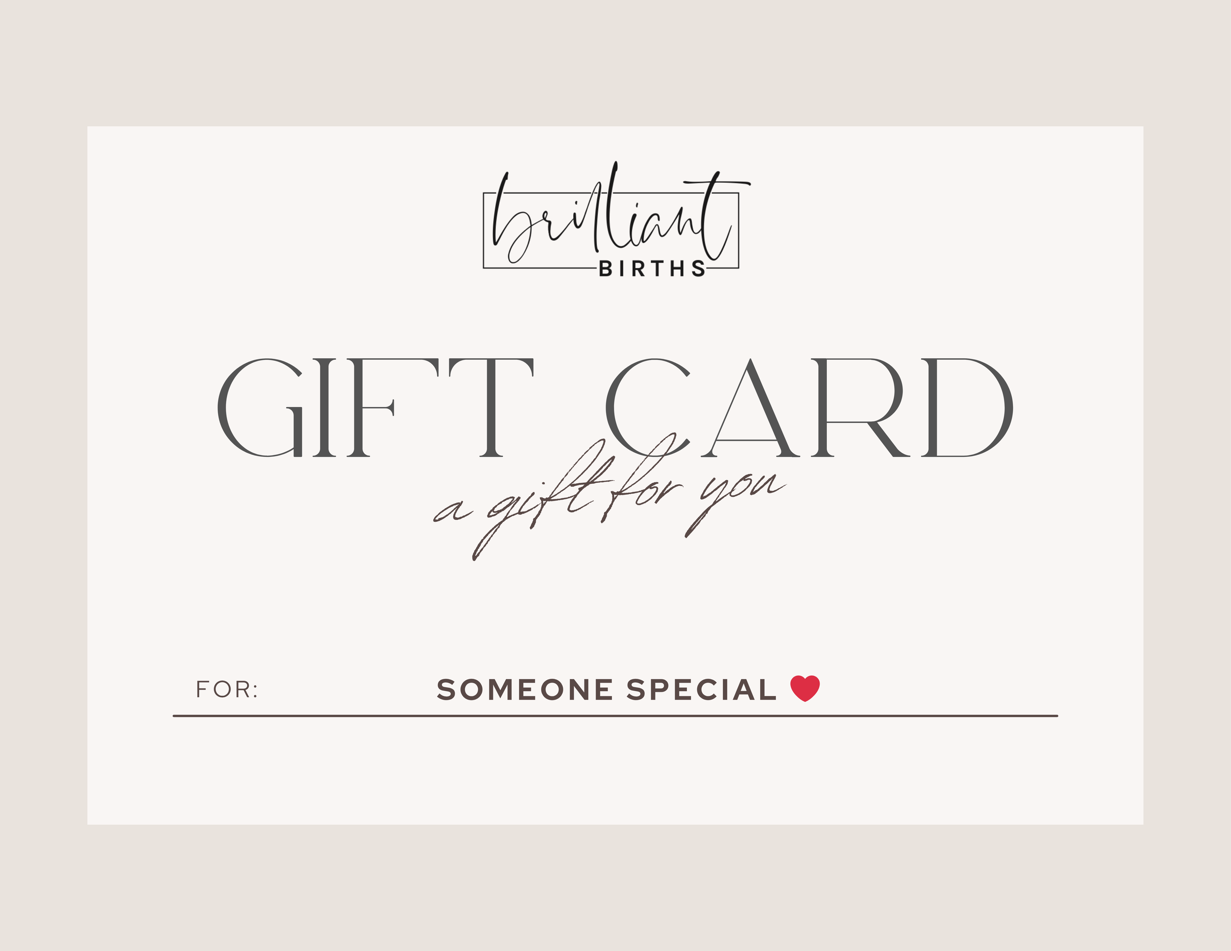 A gift card that reads "Gift Card: A Gift For You! For: Someone Special with a heart emoji. 