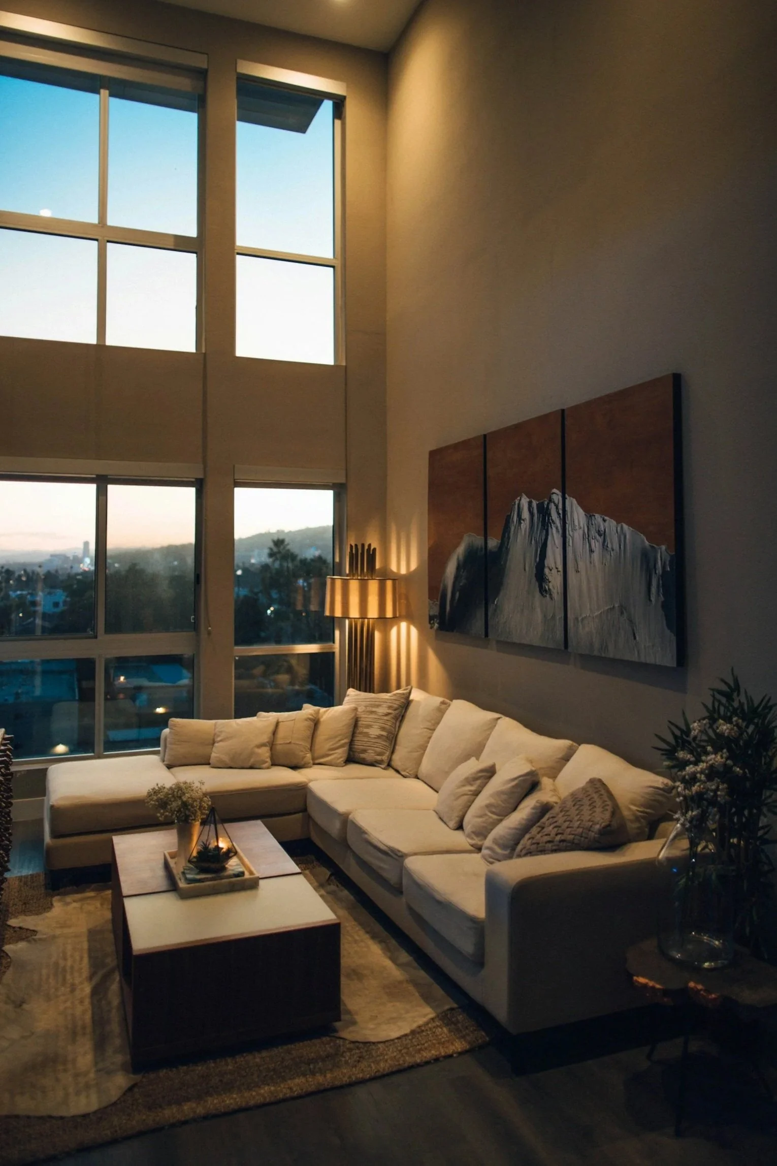 Clickthrough image with button below. Image is a large, airy livingroom with a big inviting sofa. Button below says private classes.