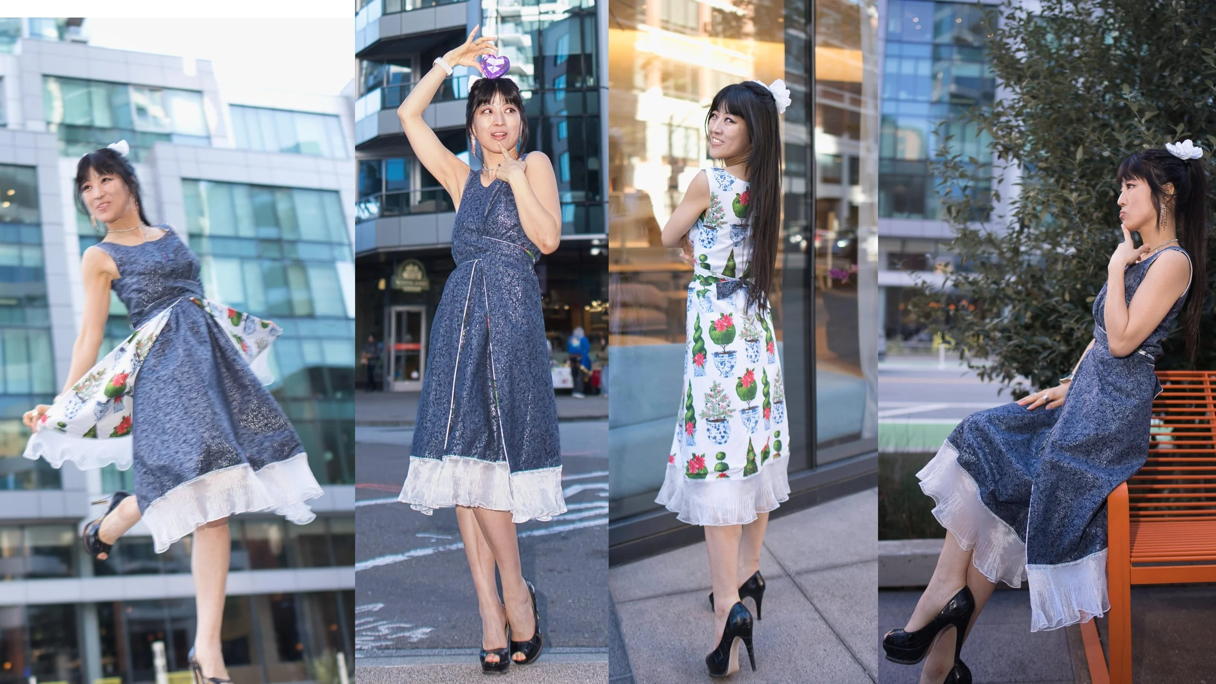 Spring 2026 Glam Reversible Dress by Purple Gem Fashion is a versatile artwear piece designed and made in San Francisco by Amethyst Sallinger.

Featuring a romantic garden print with white ruffles on one side and a dark blue denim-alike cotton print 