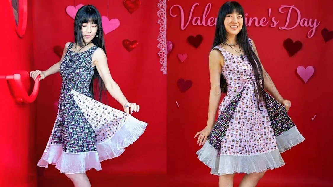 Limited edition Valentine’s Day reversible dress by Purple Gem Fashion. Two looks in one—coffee cup print and sushi print cotton dress. Made in San Francisco. Free CA shipping.