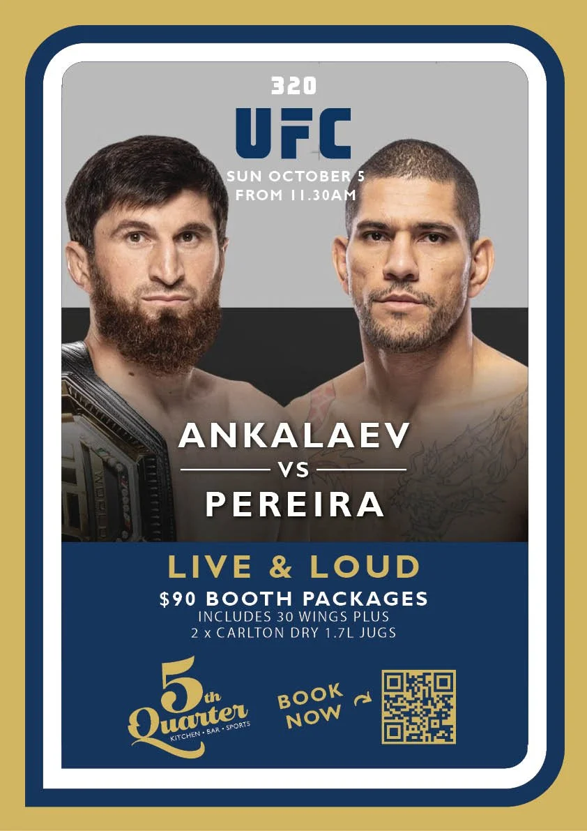 Poster advertising a UFC fight between Ankalaev and Pereira on October 5th, starting at 11:30 am, featuring two fighters with a dark background, details about booth packages, and a QR code to book tickets.