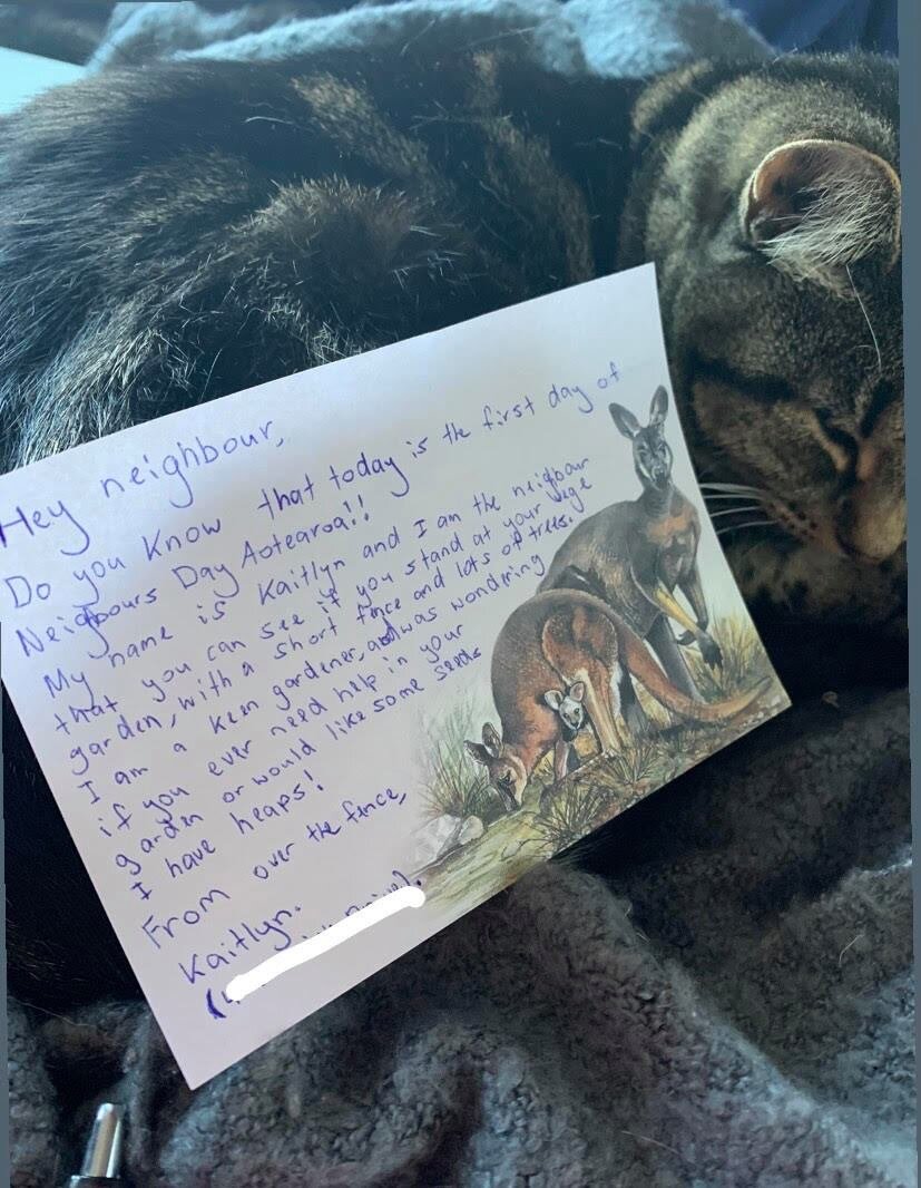 “My first note to one of my neighbours! Also setting up the plant swap in the library today!! I am just so excited!! Note featured with a photo of my cat.” (Nice cat there, Kaitlyn.)