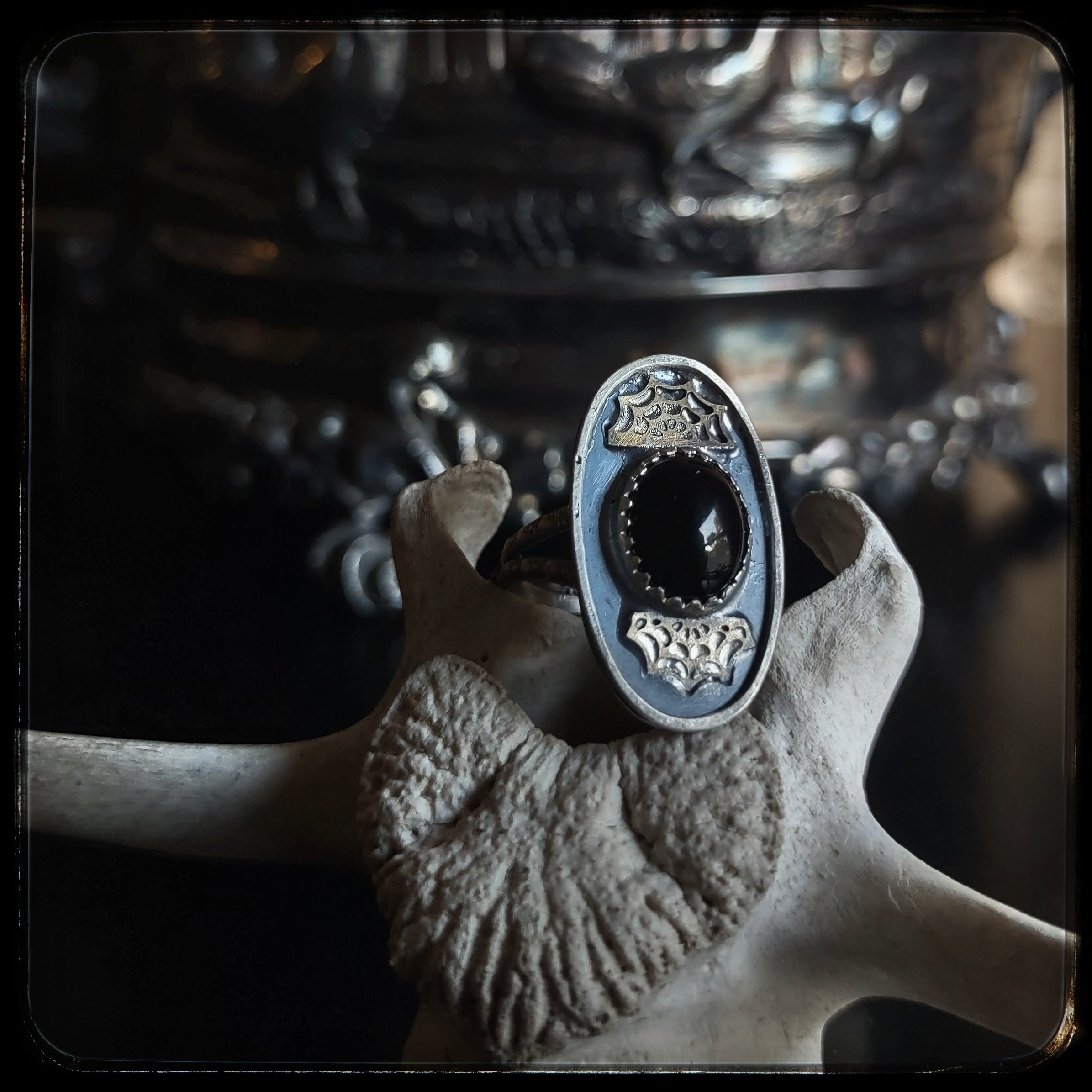 Onyx and Spider Web Ring, size 6