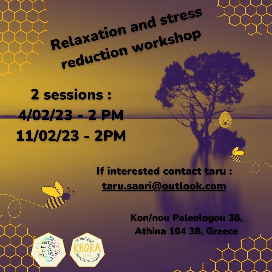 Relaxation and stress reduction workshop

Are you looking for ways to calm down in a hectic life?
Would you like to do basic relaxation exercises in a group?
Do you want to learn and share different ways to cope with anxiety in a safe environment?

K
