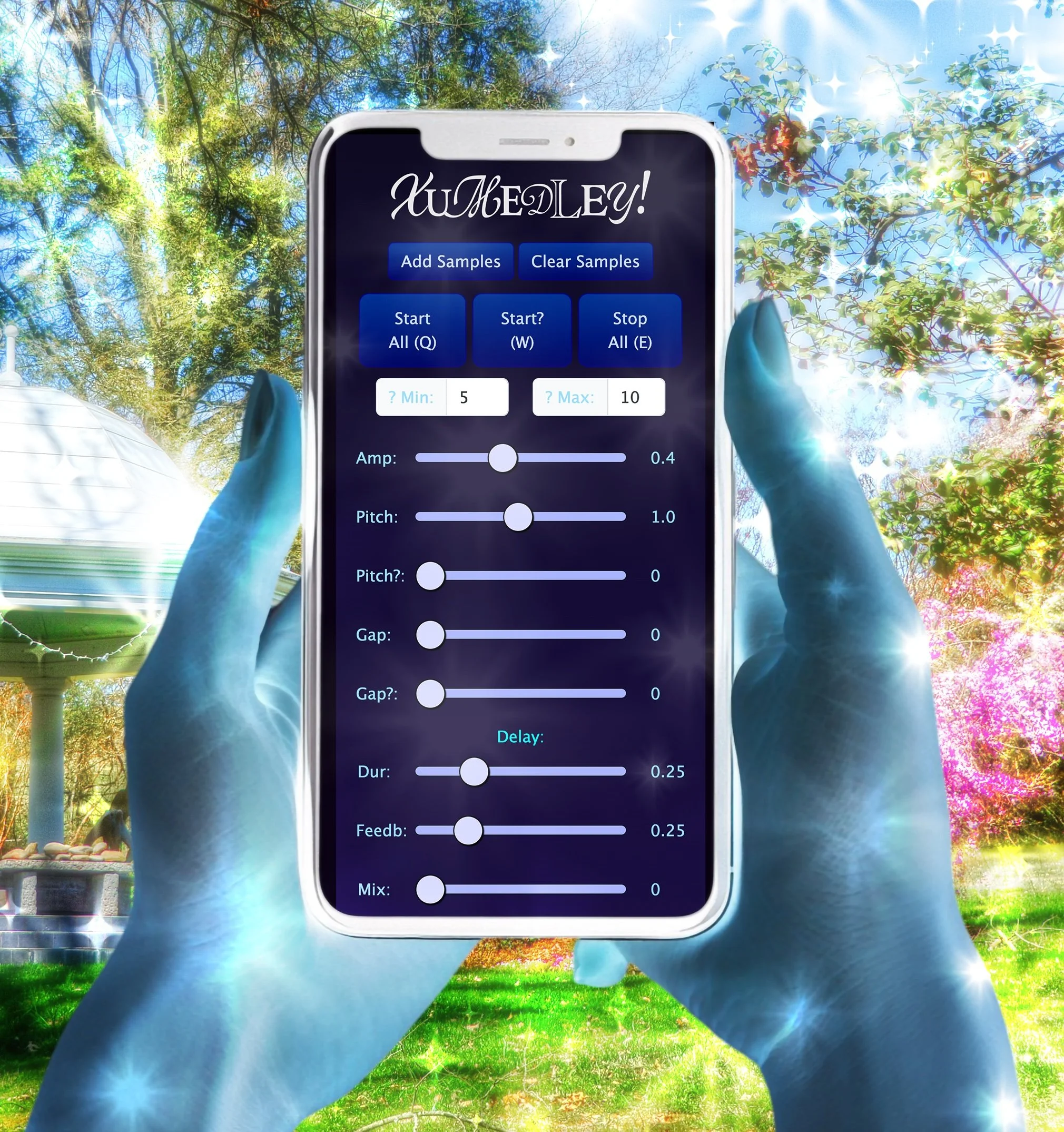 XUSIONE’s medley sampler app XuMedley is featured in an image showing a person holding a phone displaying the app. The background features a bright outdoor scene with trees, colorful blossoms, and a small white gazebo.
