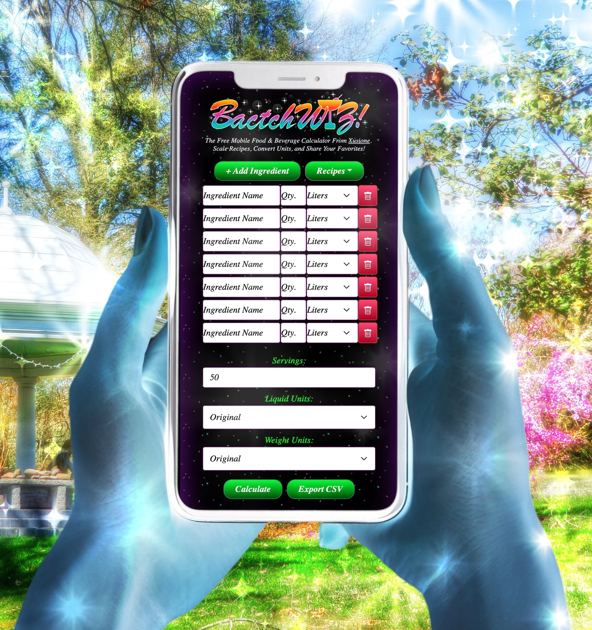 XUSIONE’s BatchWiz food and beverage calculator app is featured in an image showing a person holding a phone displaying the app. The background features a bright outdoor scene with trees, colorful blossoms, and a small white gazebo.