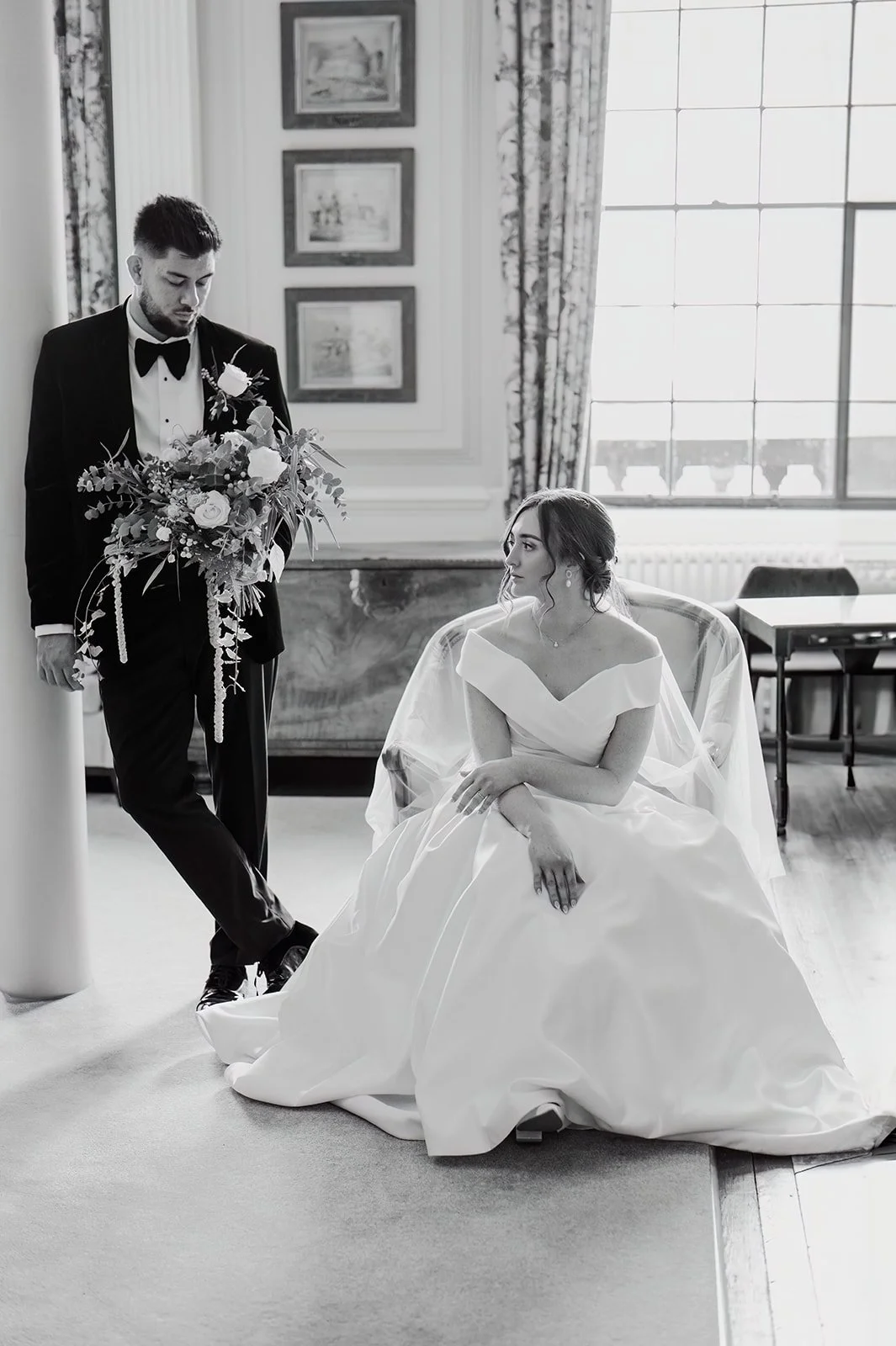 Elegant black and white wedding photo of a bride and groom at Davenport House by Victoria Beddoes