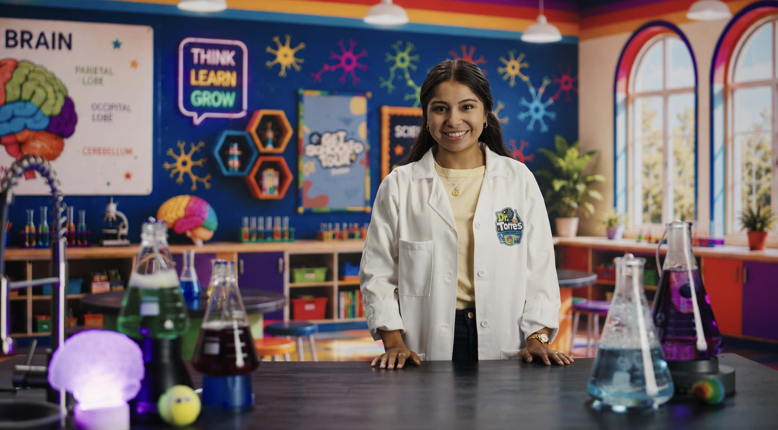 A young woman in a white lab coat standing in a colorful science classroom with lab equipment and science posters.