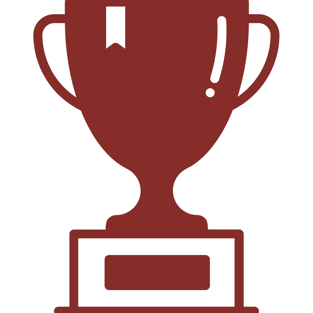 A brown illustrated trophy with two handles, a flag on top, and a rectangular base.