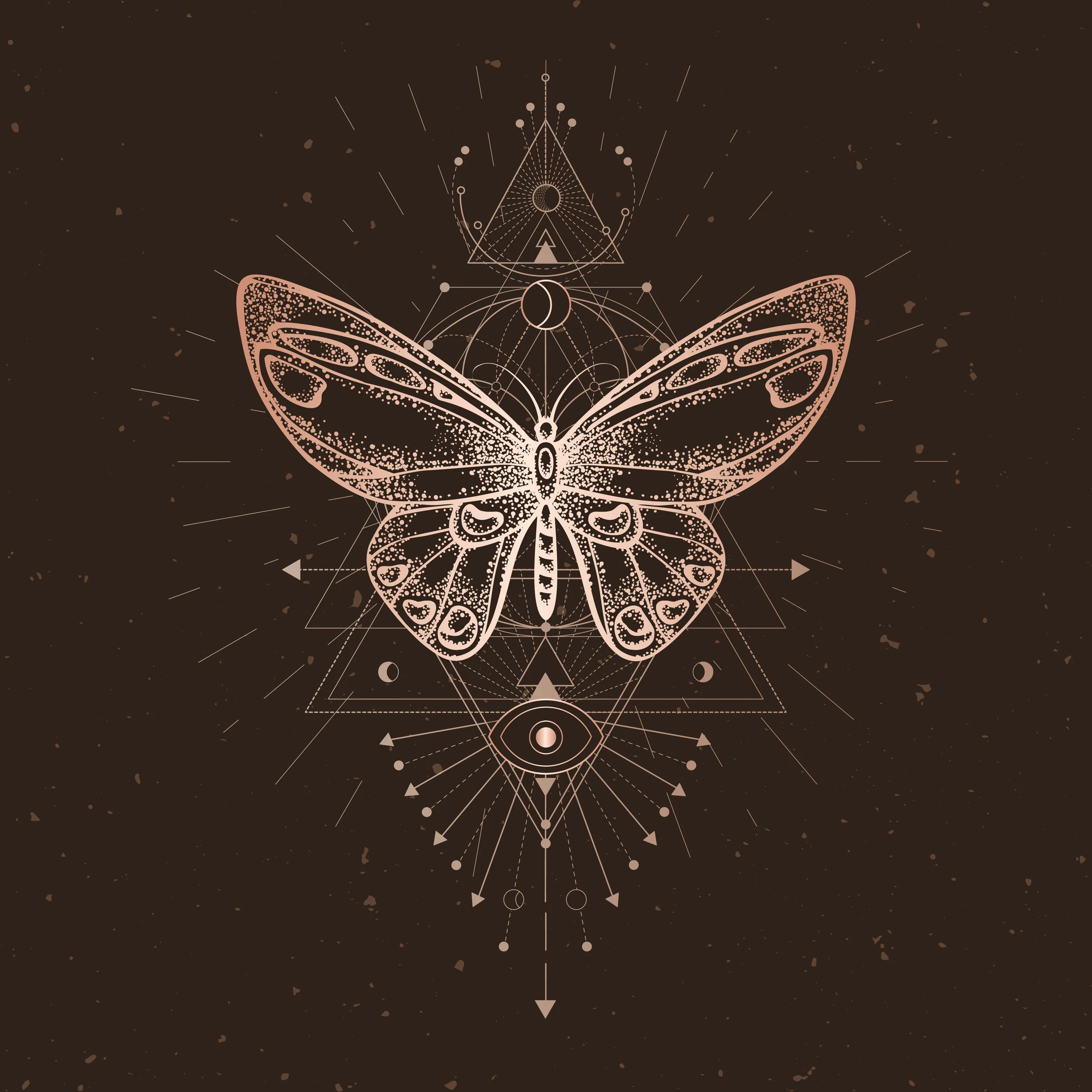 A line art illustration of a butterfly with geometric and celestial design elements, including triangles, circles, and lines, on a dark background with speckled patterns.