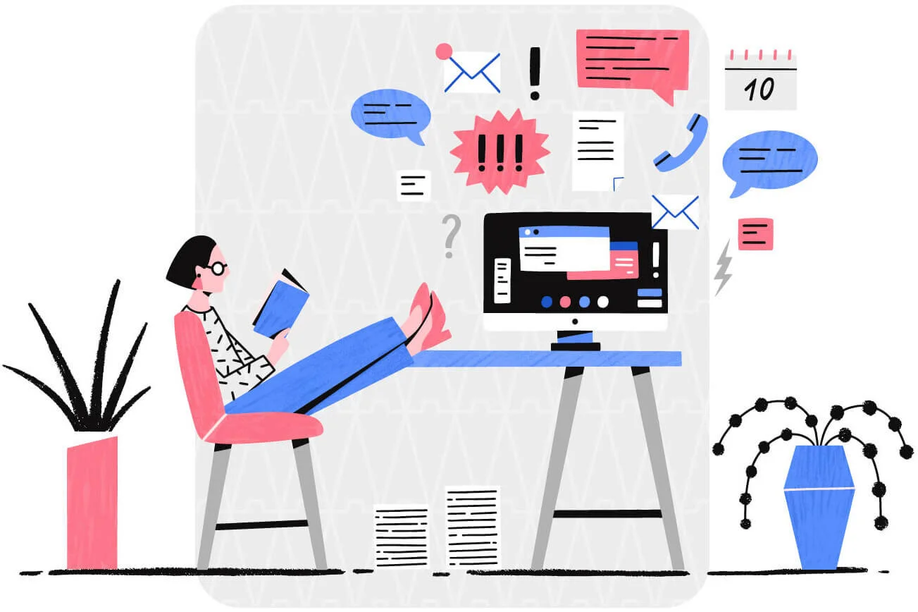 Illustration of a lady procrastinating by reading a book whilst her computer notifies her of all the work she needs to do.