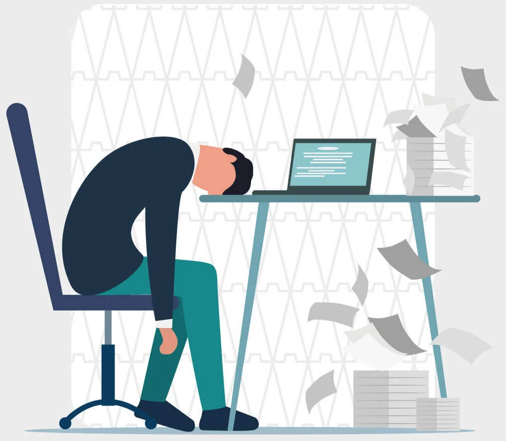 Illustration of a worker slumped over his desk.
