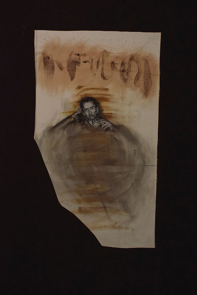 Jose Benedito Bogea describes his alien abduction experience. Pinheiro in Maranhao, Brazil 1977 2016 / oil on cotton, 51 x 29,5 cm