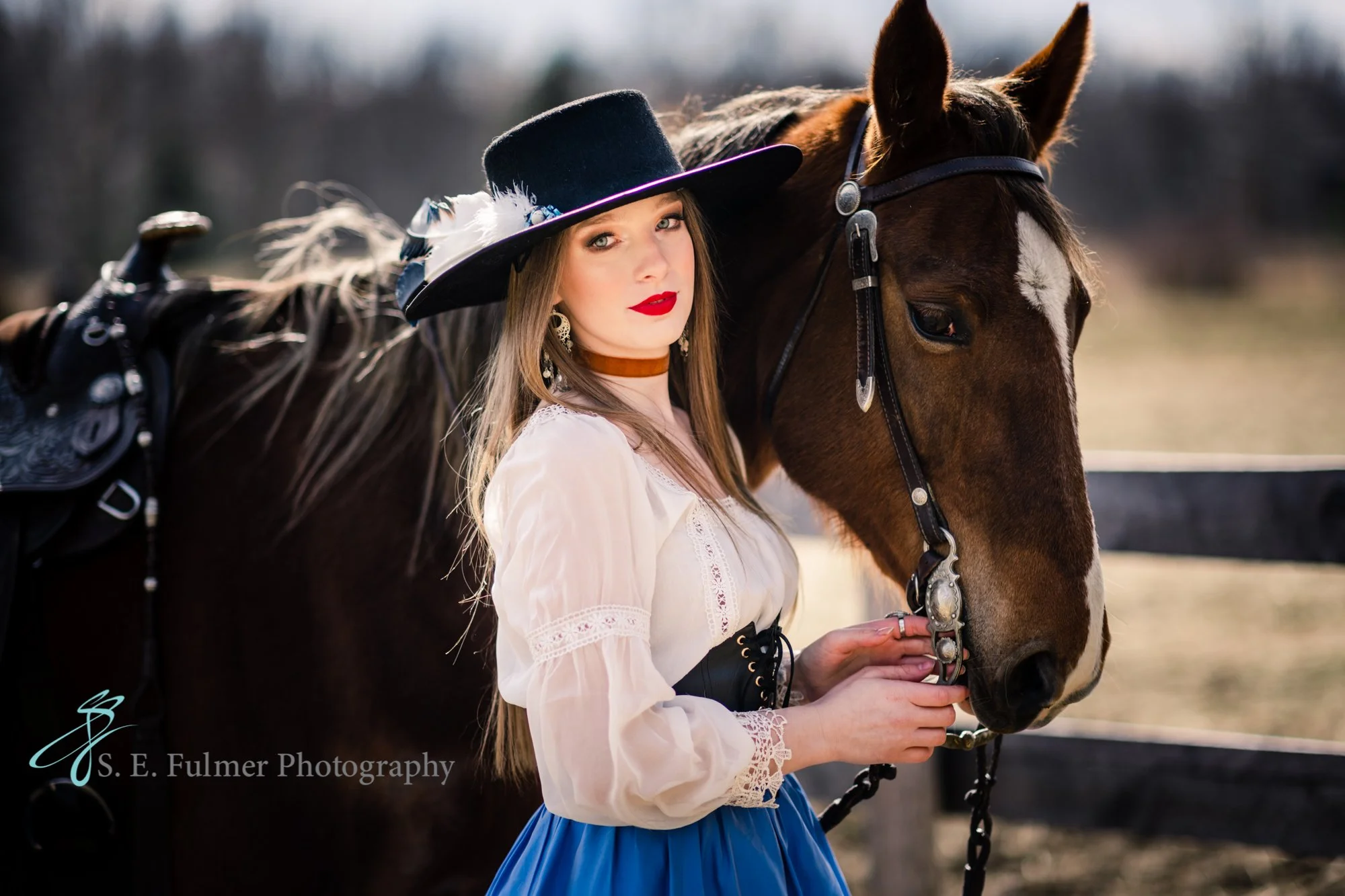 High school senior, Holly, MI. A woman in vintage-style clothing with her horse 