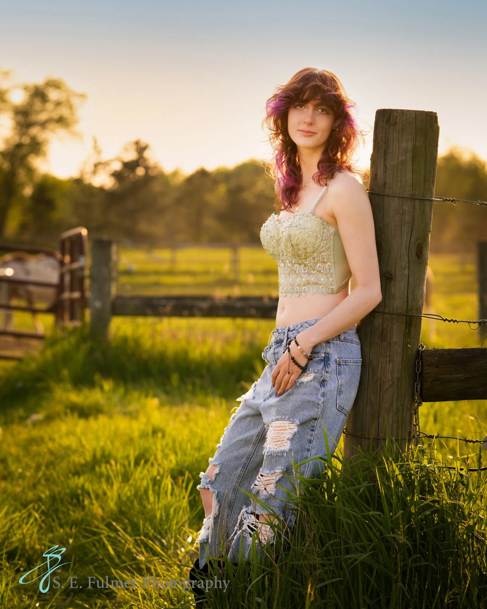 High school senior, Goodrich, MI. Woman leaning on fence at sunset.
