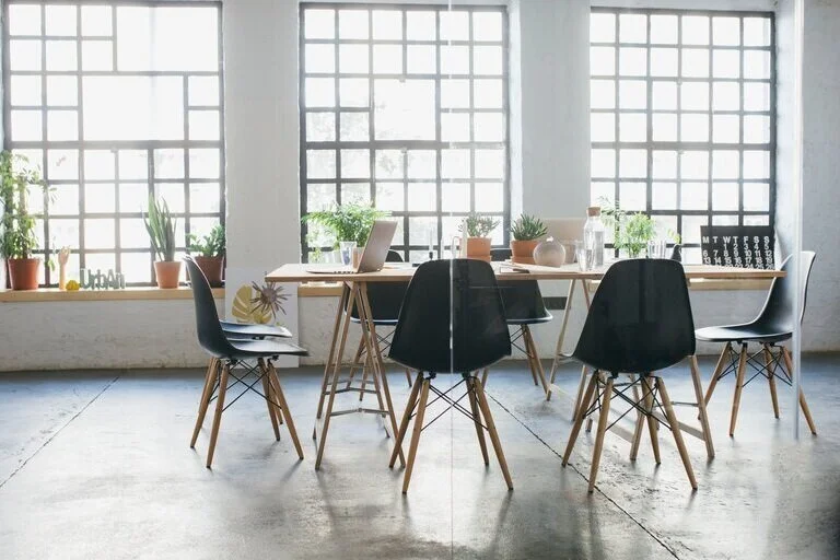 work space with large windows