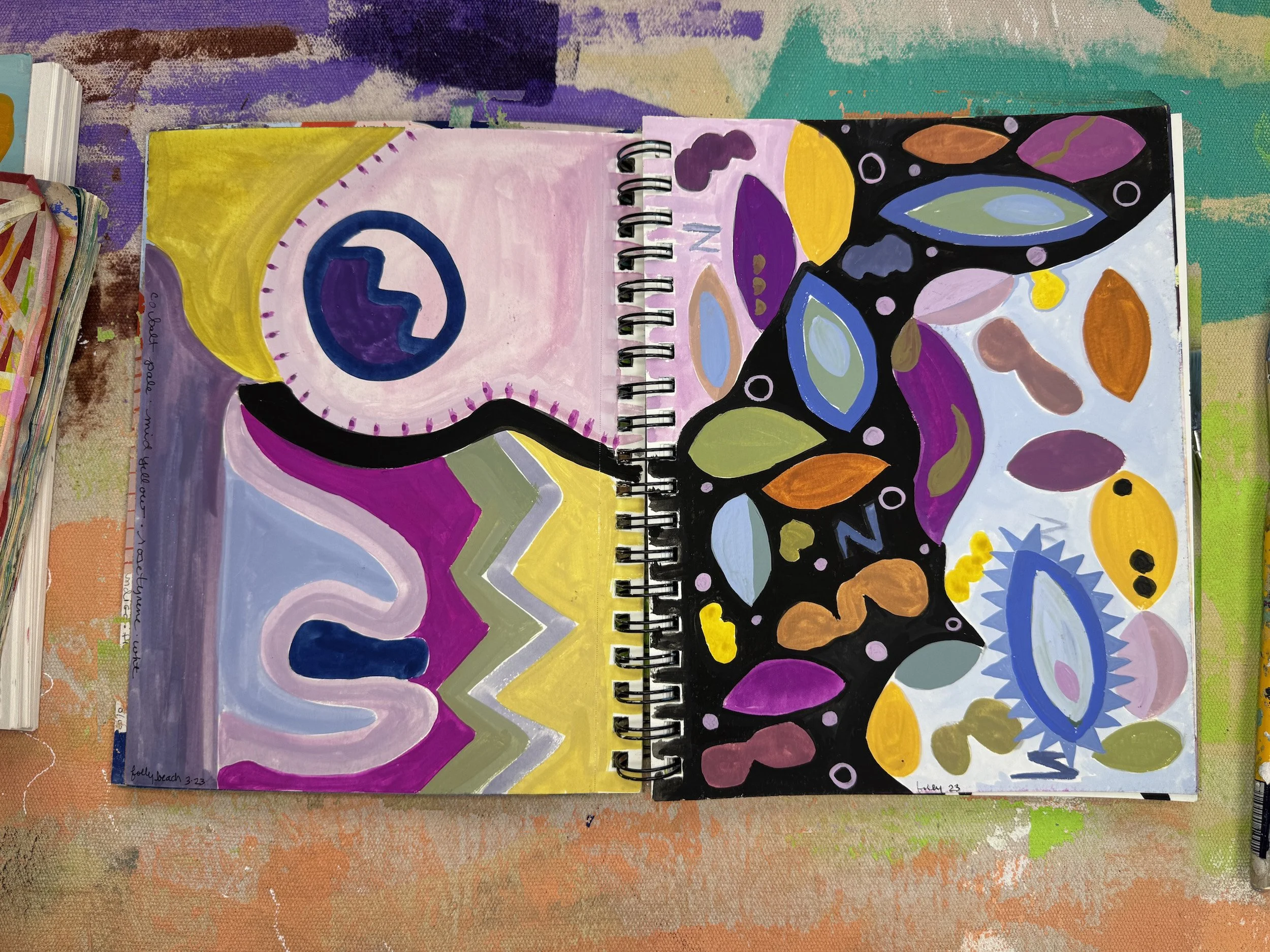 Abstract colorful painting with various shapes and patterns, including a big eye, leaf-shaped elements, and organic forms in purple, yellow, orange, green, and blue on a black and light background.