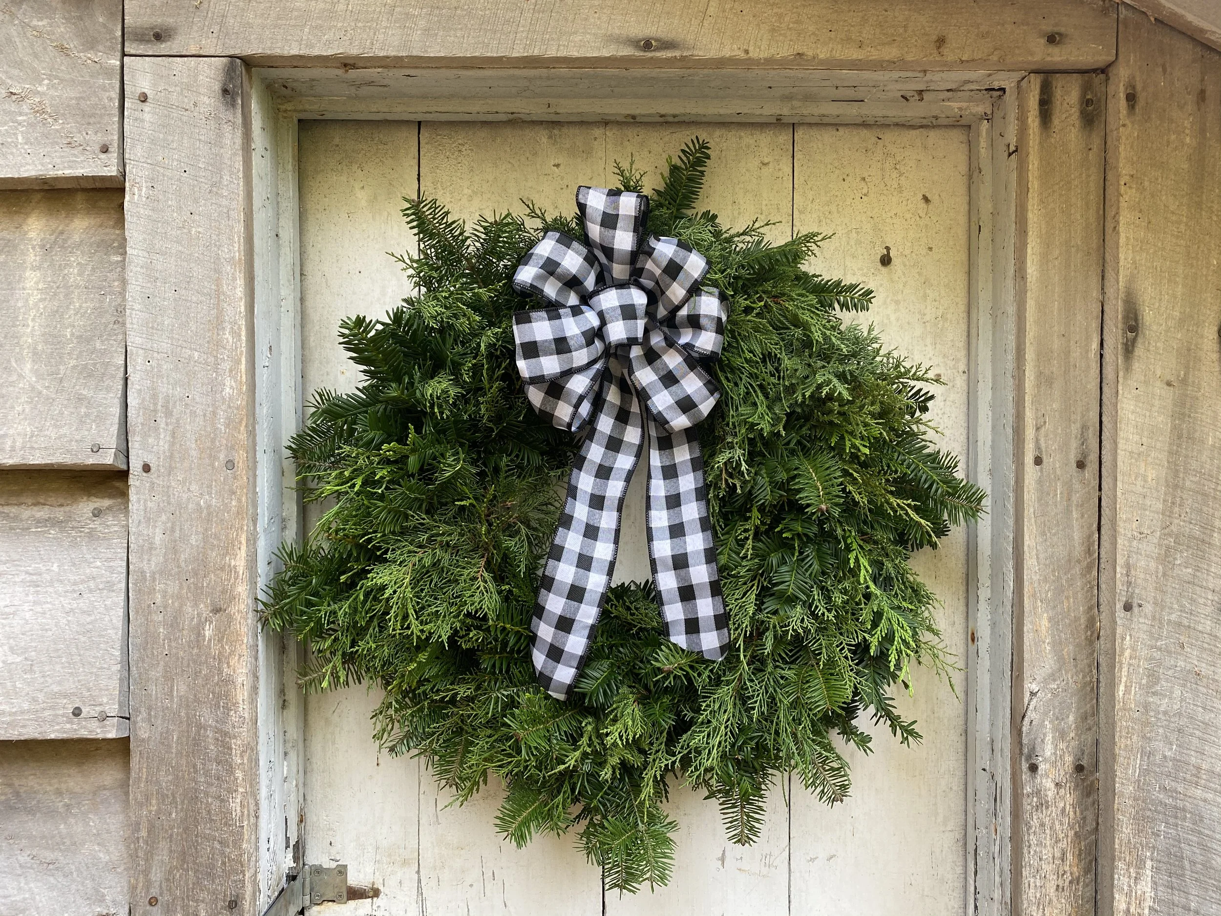 Copy of #1_Mixed Greens Wreath_Black&White Plaid Ribbon.jpg