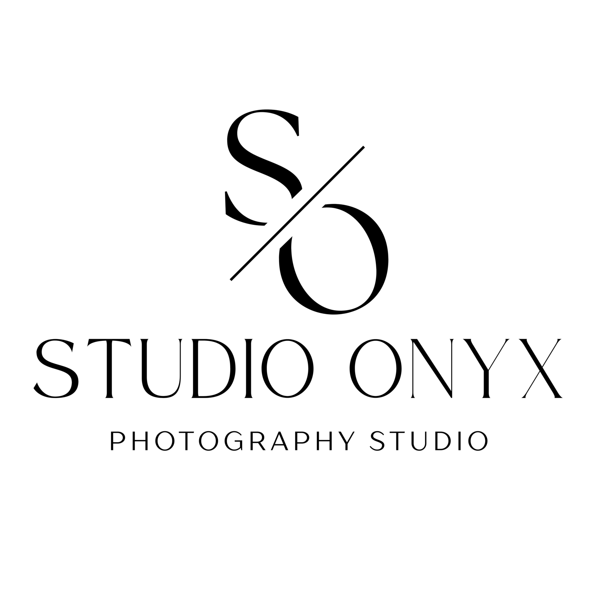 Black and white logo for Studio Onyx Photography Studio featuring a stylized 'S' and 'O' with a diagonal line, and the text 'Studio Onyx Photography Studio' below.