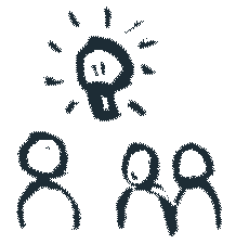 Illustration of three people with a glowing lightbulb above them, symbolizing ideas or brainstorming.