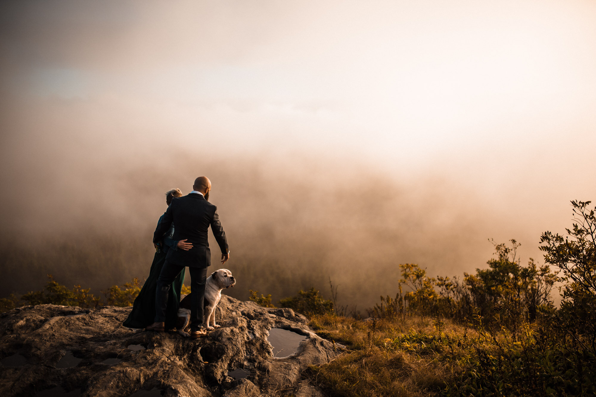 A bride and groom hold each other and watch a misty mountain sunset with their American bulldog.