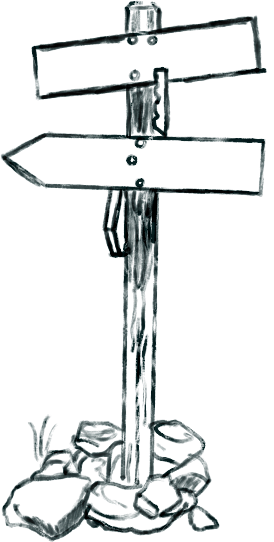 Illustration of a wooden signpost with two blank directional signs, surrounded by small stones and grass.