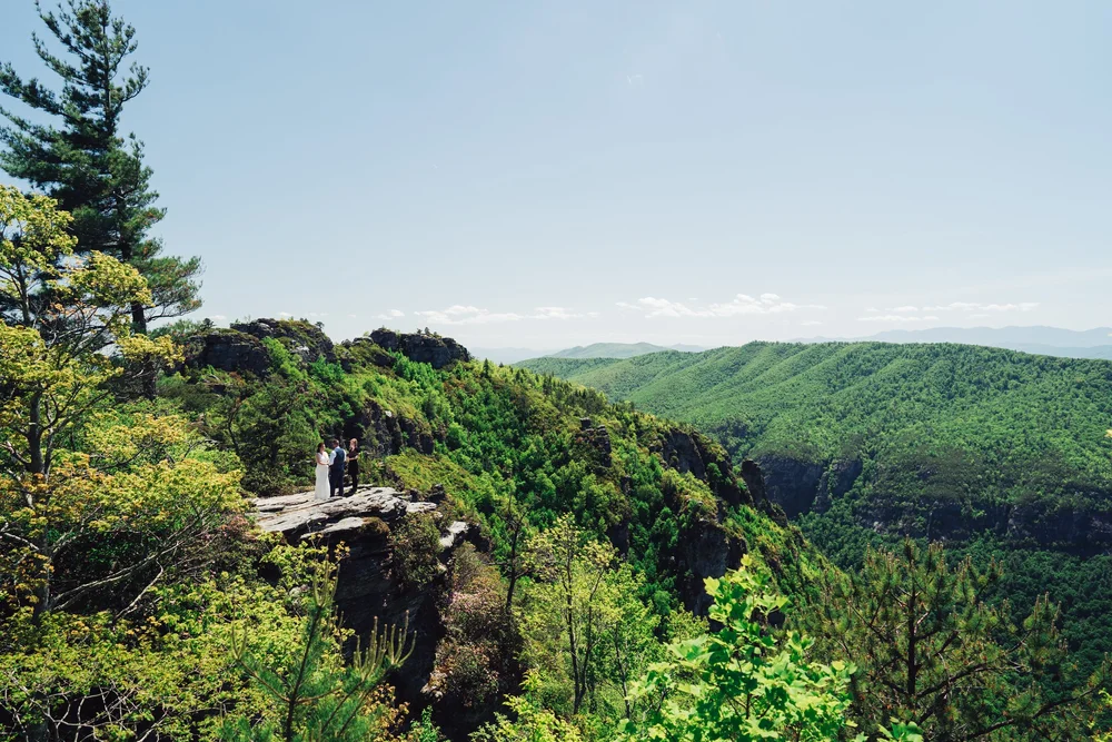Andrea and Adam's wedding ceremony on the rocky ridgeline above Linville Gorge