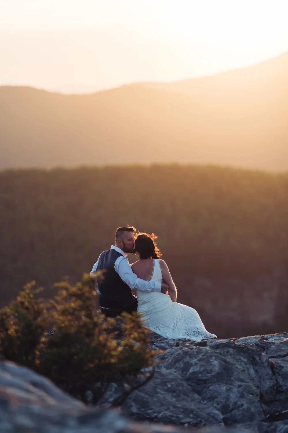 Andrea and Adam together in warm evening light during their Linville Gorge elopement