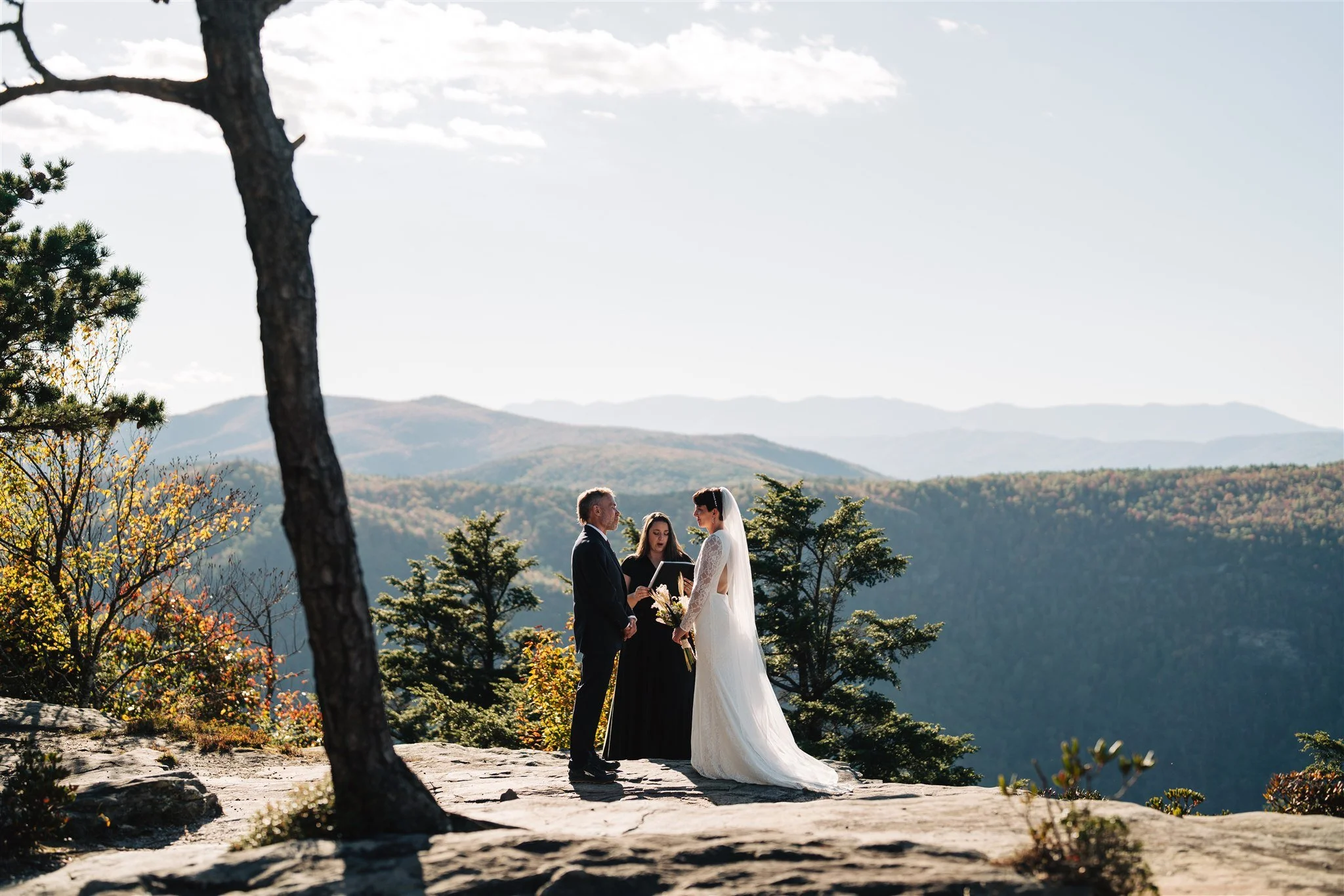 A bride and groom holding hands during a wedding ceremony outdoors on a rocky ledge, with a mountain landscape and trees in the background.