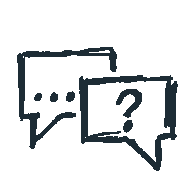 Two speech bubbles, one with three dots and one with a question mark, indicating conversation or questioning.