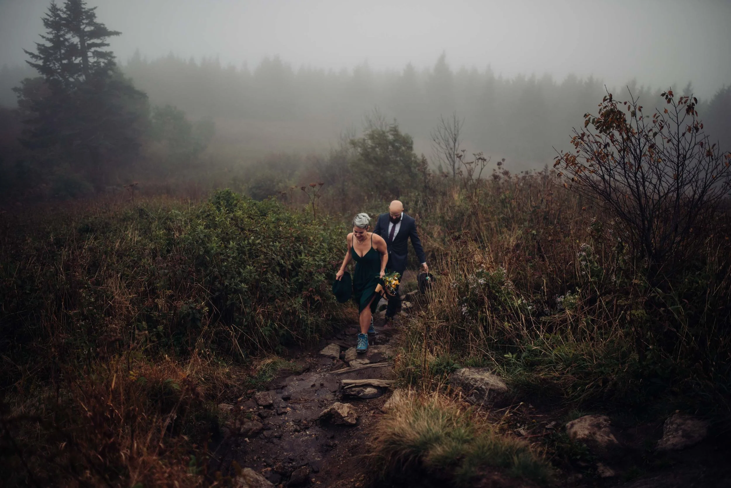 Couple at Black Balsam Knob during foggy mountain weather