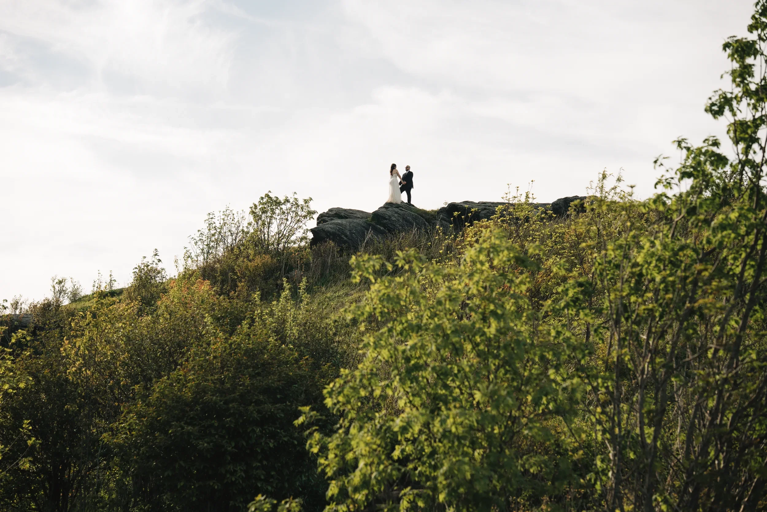 A bride and groom standing on a rocky outcrop overlooking a lush green forest under a cloudy sky.