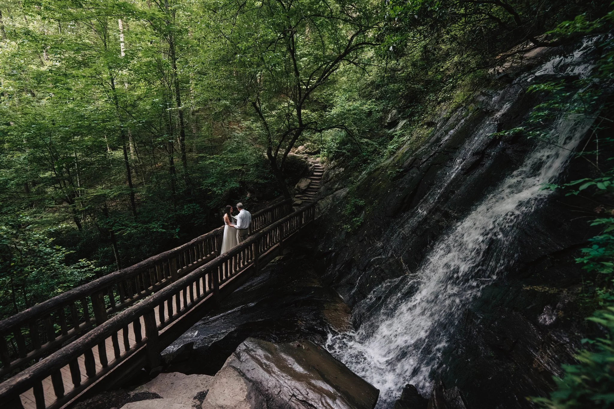 A couple stands holding hands on a wooden platform beside a waterfall in a lush forest, surrounded by dense green foliage.