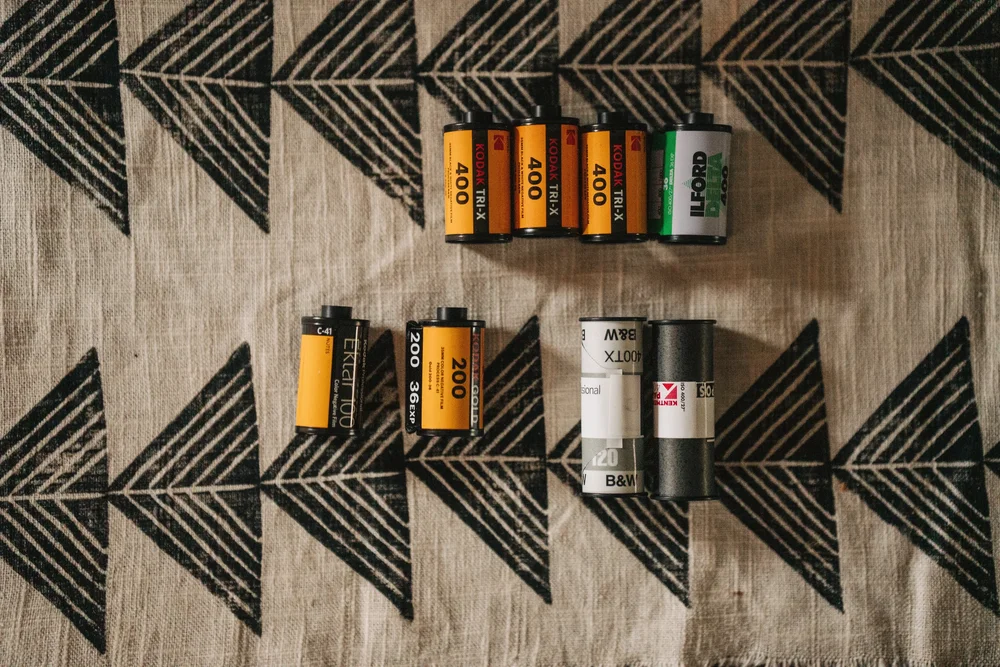 35mm and medium format film packed for an elopement photography day