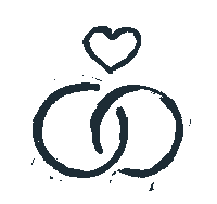 Line drawing of two wedding rings with a heart above them.