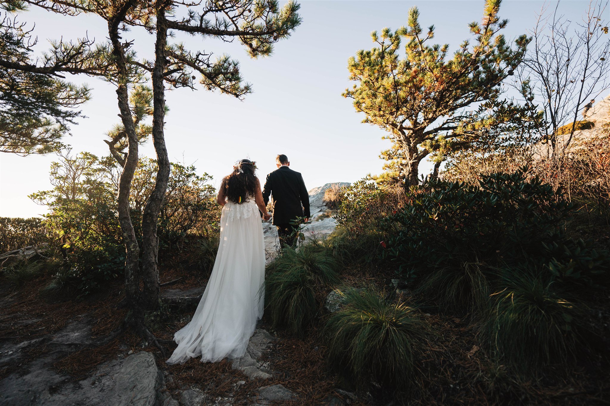 A couple dressed in wedding attire walking hand in hand through a wooded outdoor area with tall trees and rocky terrain.