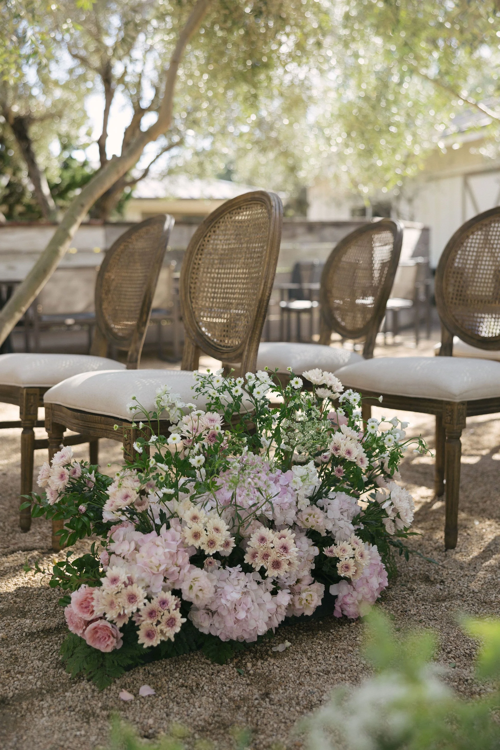 Outdoor wedding or event setting with wooden chairs and a floral arrangement of pink and white flowers on the ground, in a garden area with trees and sunlight filtering through the leaves.