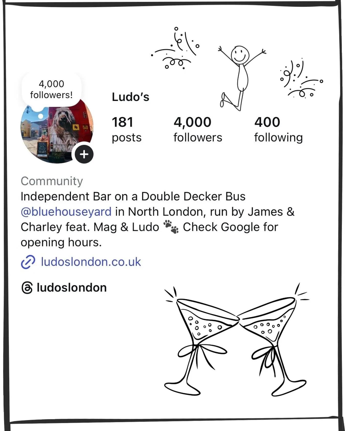 4 years of Ludo&rsquo;s, 4,000 followers! Thank you, everyone 🥰 It&rsquo;s Friday, the sun is shining, it&rsquo;s Bank Holiday ahead&hellip; we&rsquo;ll be down at the bus this evening to welcome in the weekend, see 4,000 of you there, yeah? 😂😎🥳 