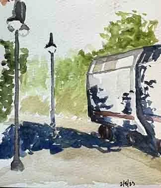 watercolor painting of a green lined street with a lamp post and white and grey train coming through the scene