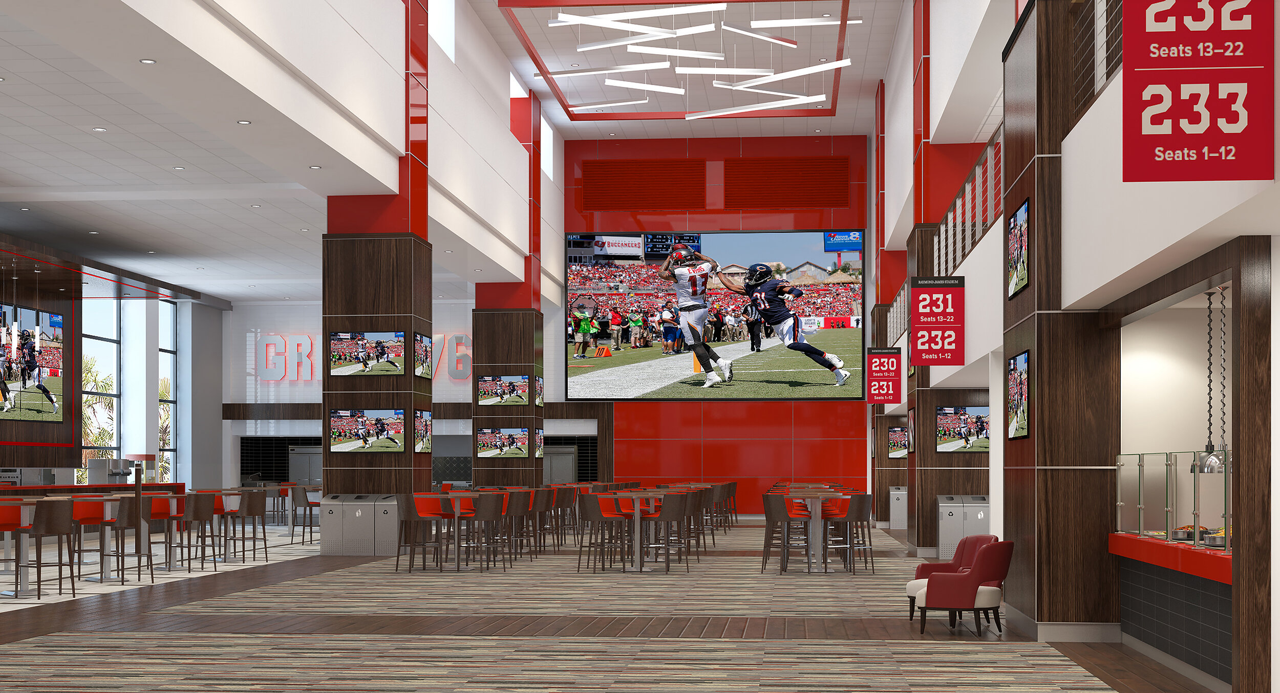 A large screen TV is seen in the interior of Bar No 76 in East Stadium Club 