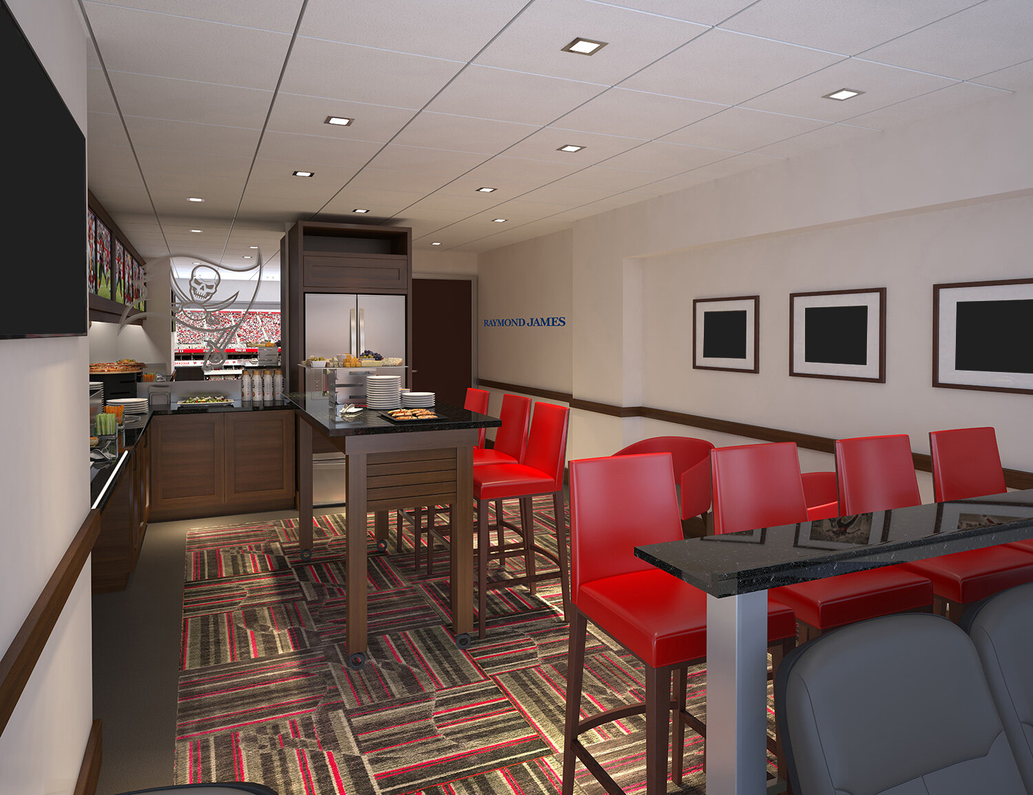 Red padded seats and bar tops in a 16 person suite