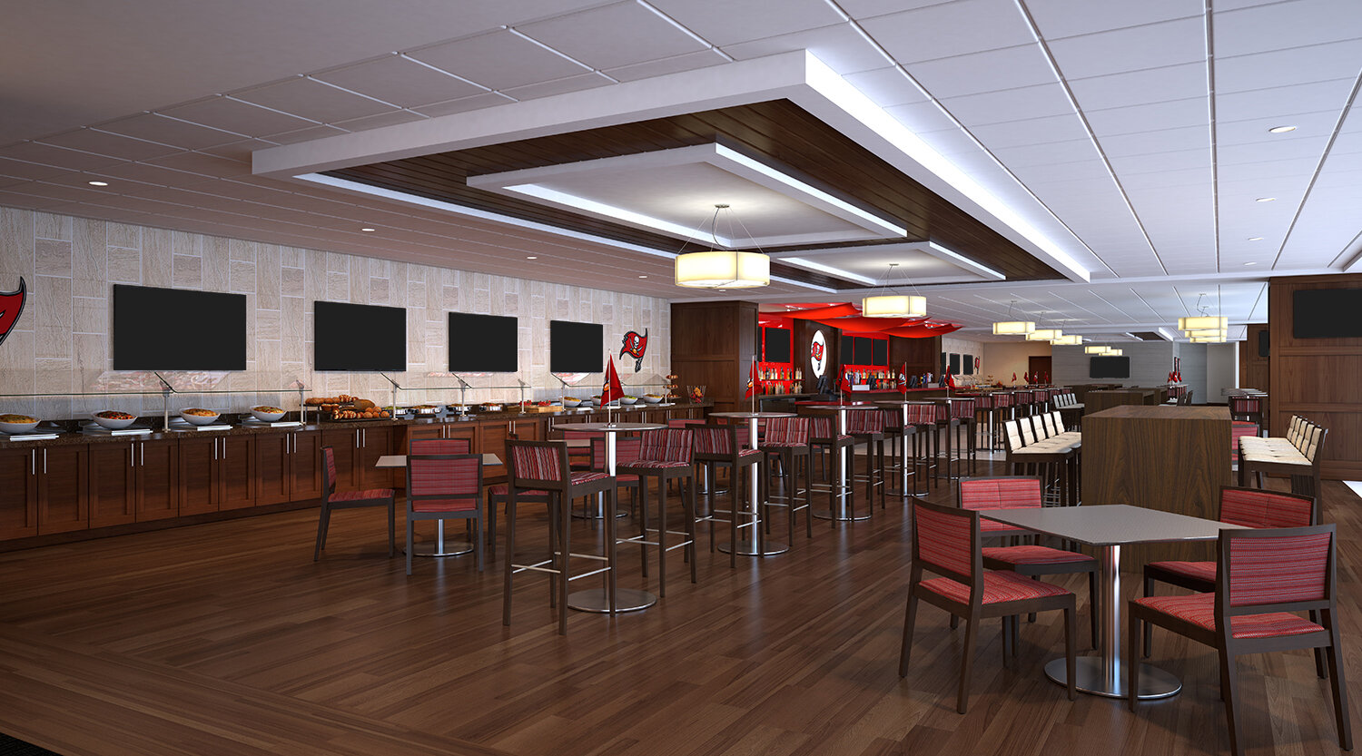 Table tops near the buffet are seen in the Hall of Fame Club.