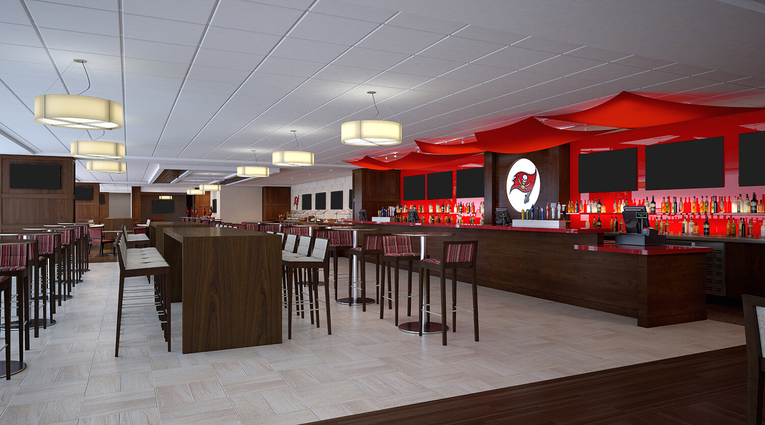 Table tops and the bar  sit up red are seen in the Hall of Fame Club.