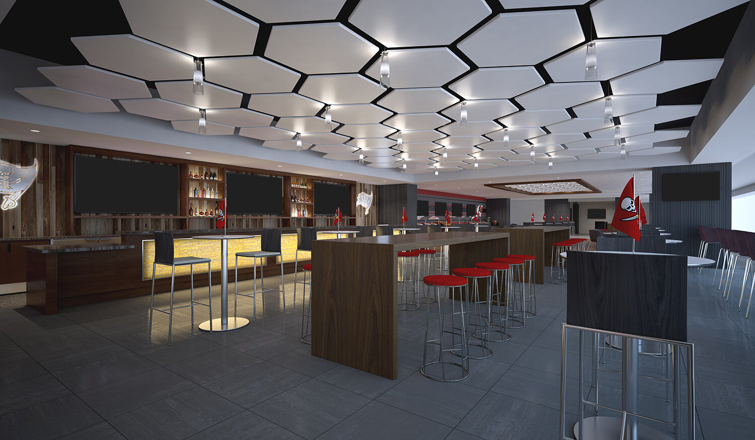 Hexagon shaped tiles decorate the ceiling  above the bar area of the Hall of Fame Club.