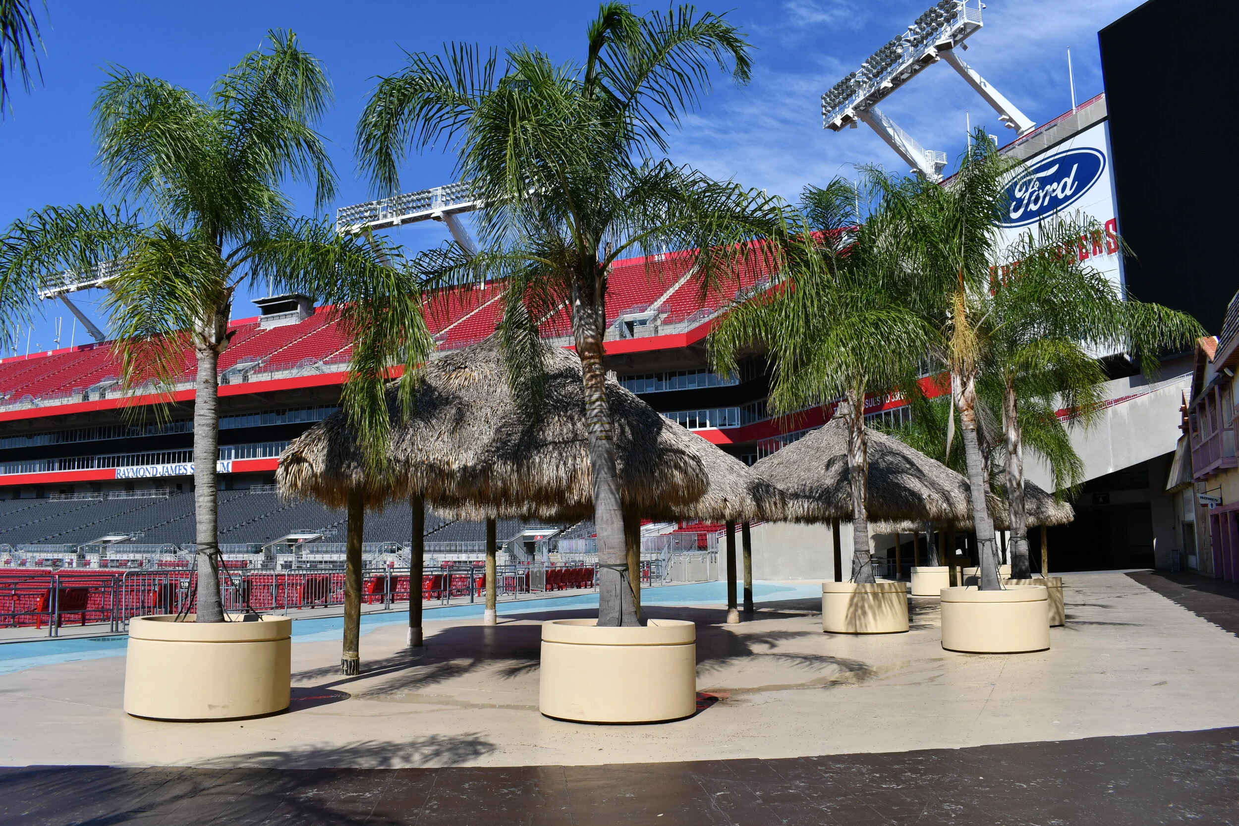 Palm trees line the outside of Buccaneer Cove.